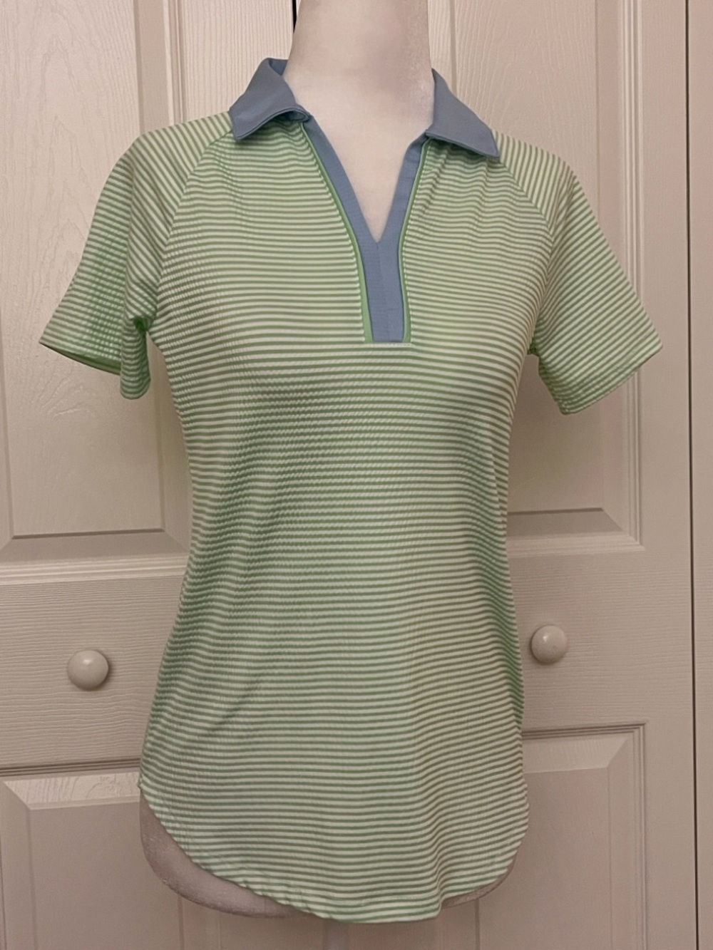Sport Haley White & Light Green Striped Golf Polo with Blue Trim XS